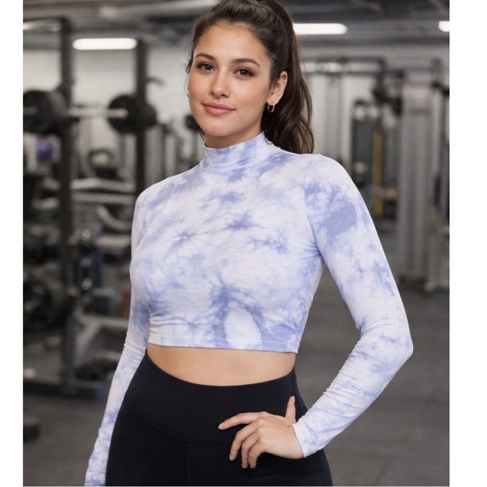 Aeropostale Blue Tie Dye Cropped Mock Neck Long Sleeve Top Streetwear festival